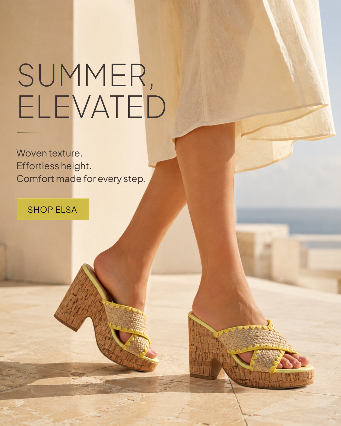 Elsa Yellow Woven Cross Strap Wooden Platform Heeled Sandals